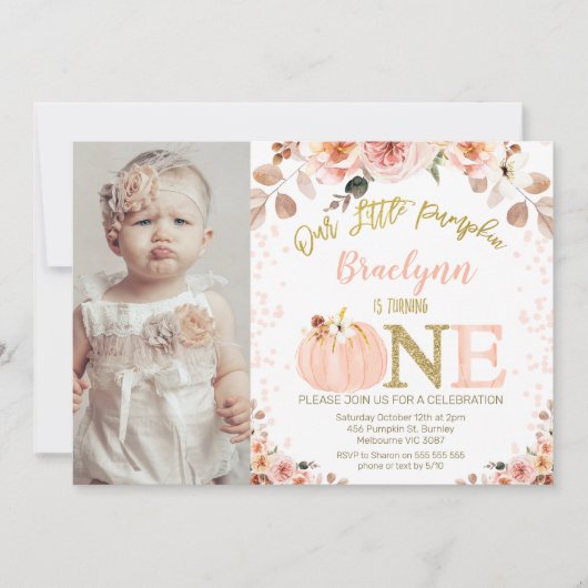 Foto Meisjes Rustieke Herfst Pompoen 1e Verjaardag Kaart (Voorkant)