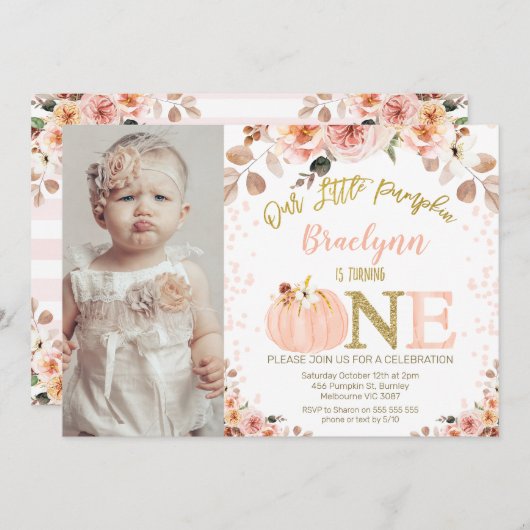 Foto Meisjes Rustieke Herfst Pompoen 1e Verjaardag Kaart (Voorkant / Achterkant)