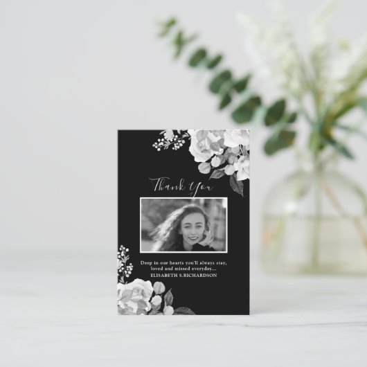 Foto Memorial Floral Black White - Hartelijk dank Informatiekaartje (Staand voorkant)