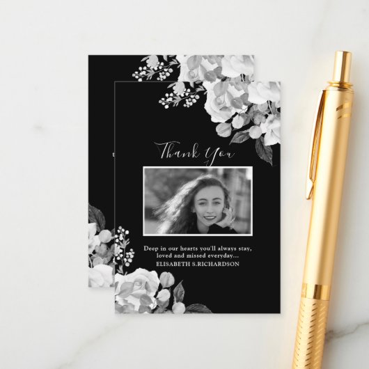 Foto Memorial Floral Black White - Hartelijk dank Informatiekaartje (Voorkant / Achterkant in situ)
