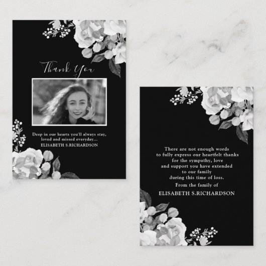 Foto Memorial Floral Black White - Hartelijk dank Informatiekaartje (Voorkant / Achterkant)