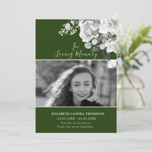 Foto Memorial Floral Green Rozen Poem Card Kaart (Staand voorkant)