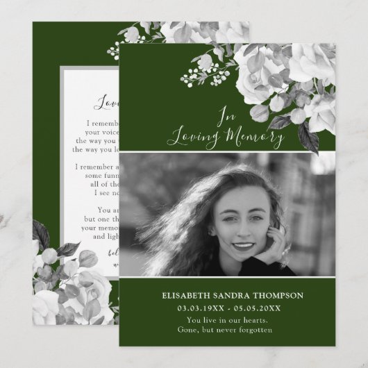 Foto Memorial Floral Green Rozen Poem Card Kaart (Voorkant / Achterkant)