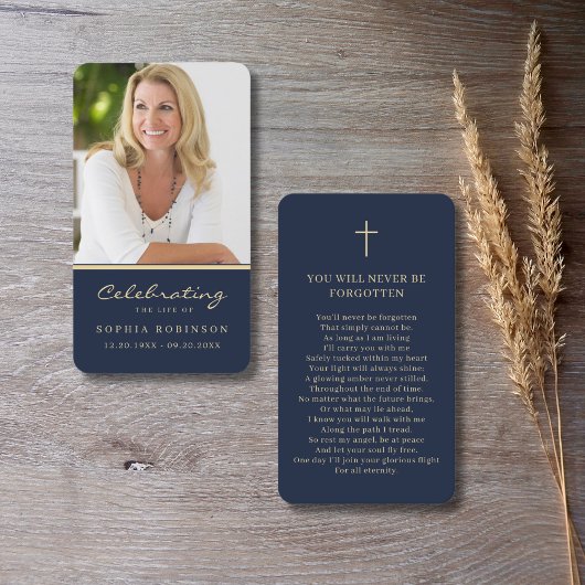 Foto Memorial Gold Script Blue Prayer Kaart Visitekaartje