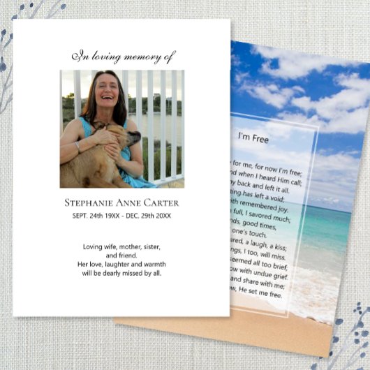 Foto-memorial I'm Free gebed card 2 Visitekaartje