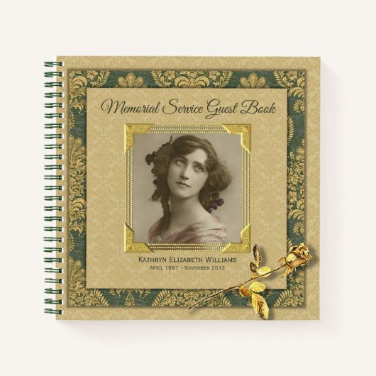 Foto Memorial Service Gold Damask Roos Guest Book Notitieboek (Voorkant)