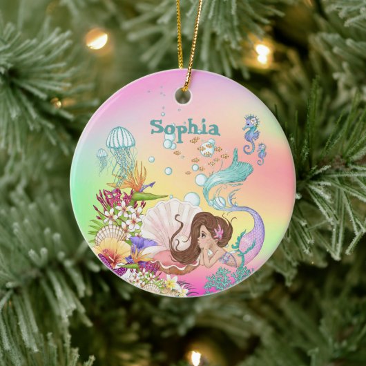 Foto: Mermaid Dark Hair Pink Blue Cute Rainbow Keramisch Ornament (Boom)