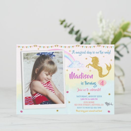 Foto mermicorn verjaardagsuitnodiging Magisch fees Kaart (Staand voorkant)