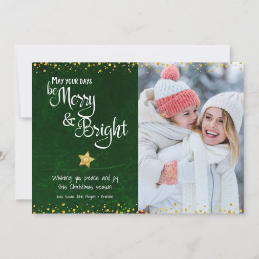 Foto Merry Bright Script Green Gold Glitter Star Feestdagenkaart (Voorkant)