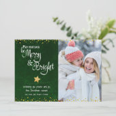 Foto Merry Bright Script Green Gold Glitter Star Feestdagenkaart (Staand voorkant)