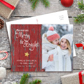 Foto Merry Bright Script Star Red Rustic Wood Feestdagenkaart