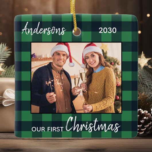 Foto met Blauwe Pset Couple voor eerste kerstfeest Keramisch Ornament