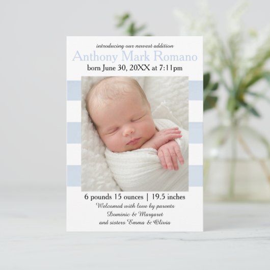 Foto met blauwe/witte strepen - Geboorteaankondigi Aankondiging (Staand voorkant)