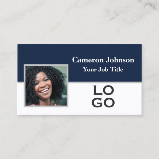 Foto met Custom Logo op Navy Blue Visitekaartje (Voorkant)