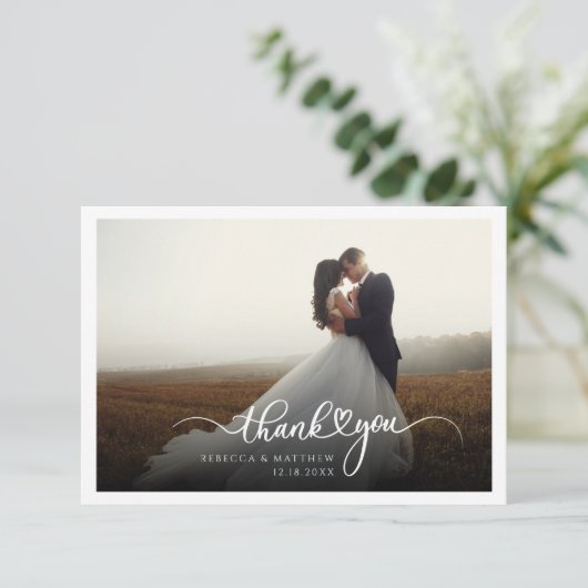 Foto met de hand geletterde moderne bruiloft bedankkaart (Staand voorkant)