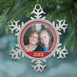 Foto met een trendy rand en aangepast jaar tin sneeuwvlok ornament