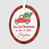 Foto met eerste huwelijkskersttruck Red Pset Ornament (voorkant)