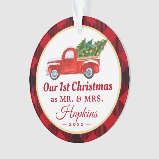 Foto met eerste huwelijkskersttruck Red Pset Ornament (voorkant)