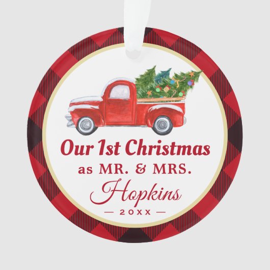 Foto met eerste huwelijkskersttruck Red Pset Ornament (voorkant)