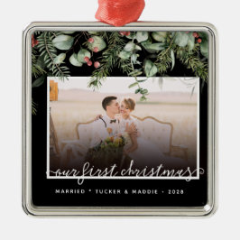 Foto met eerste kerstfeest, gehuwd Wintergroen Metalen Ornament