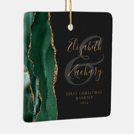 Foto met eerste kerstfeest, married Emerald Agate  Keramisch Ornament (Rechts)