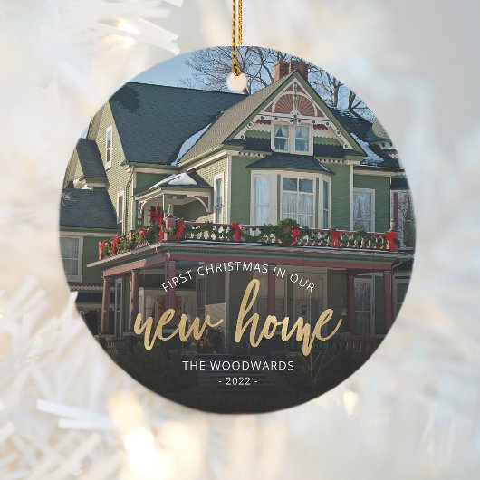 Foto met eerste kerstkerst Nieuw Home Gold-script Keramisch Ornament