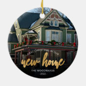 Foto met eerste kerstkerst Nieuw Home Gold-script Keramisch Ornament (Achterkant)