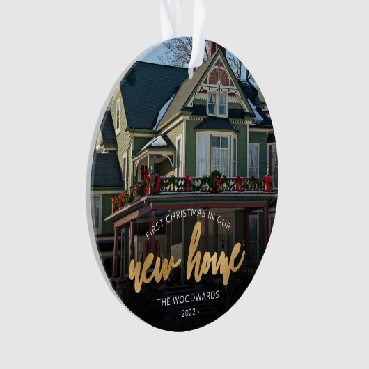 Foto met eerste kerstkerst Nieuw Home Gold-script Ornament (voorkant)