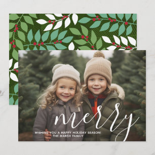 Foto met enorm MERRY-schrift wit overlay - groen Feestdagenkaart