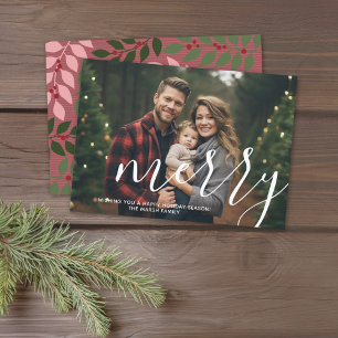 Foto met enorm MERRY-schrift wit overlay - roos Feestdagenkaart