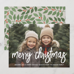 Foto met enorm MERRY-script witte overlay - taupe Feestdagenkaart