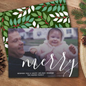 Foto met enorme MERRY script witte overlay - groen Feestdagenkaart
