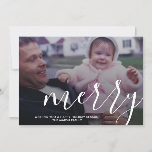 Foto met enorme MERRY script witte overlay - roos Feestdagenkaart (Voorkant)
