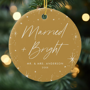 Foto met gehuwde en Bright Gold Holiday Keramisch Ornament