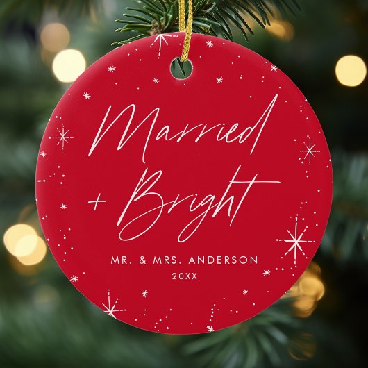 Foto met gehuwde en Bright Red Holiday Keramisch Ornament