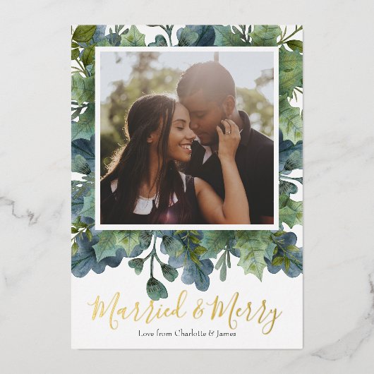 Foto met gehuwde en prettige kerstfeestdagen folie feestdagenkaart (Voorkant)