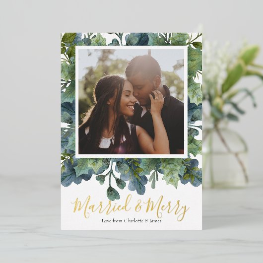 Foto met gehuwde en prettige kerstfeestdagen folie feestdagenkaart (Staand Voorkant)