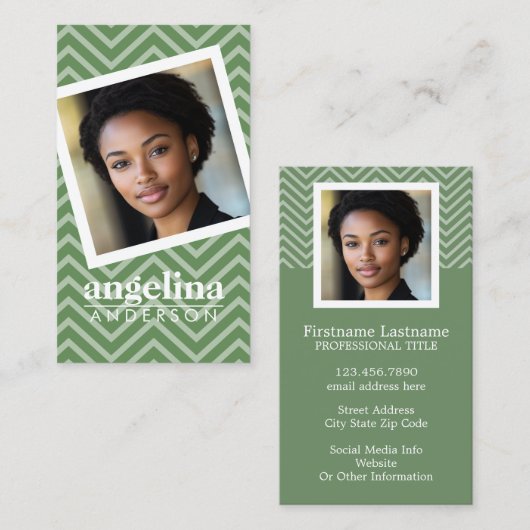 Foto met Groene Chevron Patroon Aangepaste Naam Visitekaartje (Voorkant / Achterkant)