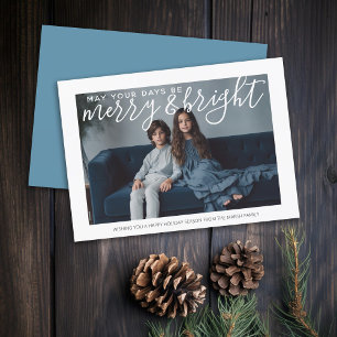 Foto met grote Merry and Bright - pastelblauw Feestdagenkaart