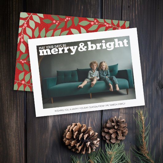 Foto met grote Merry & Bright - botanische achterz Feestdagenkaart