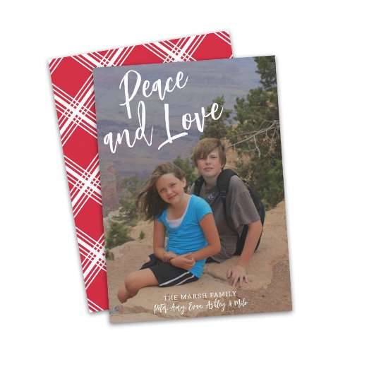 Foto met handgeschreven kerstcadeau Red Pset Peace Feestdagenkaart