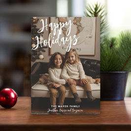 Foto met handgeschreven kerstgrijs geplakt Happy Feestdagenkaart