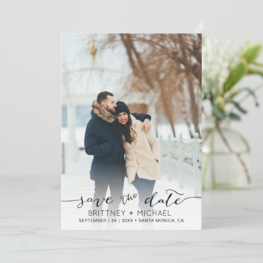 Foto met handgeschreven moderner zwart, sla de dat save the date (Staand voorkant)