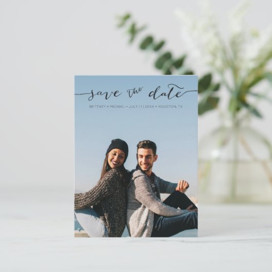 Foto met handgeschreven Save the Date | Briefkaart (Staand voorkant)