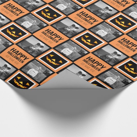 Foto met Happy Halloween Pumpkin - aangepaste groe Cadeaupapier (Hoek)
