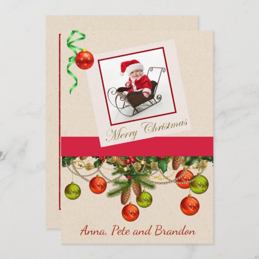 Foto met kerstKaart met Sleigh en Greens (Voorkant / Achterkant)