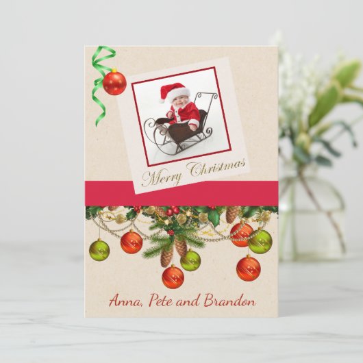 Foto met kerstKaart met Sleigh en Greens (Staand voorkant)