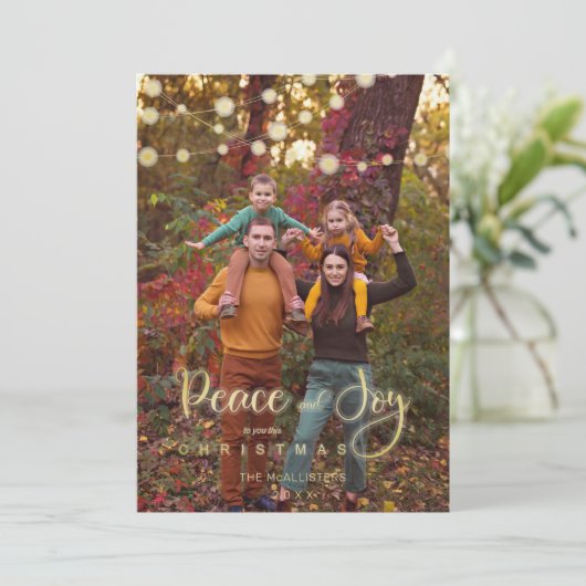 Foto met kerstlampjes Peace Joy Whimsical-script (Staand voorkant)