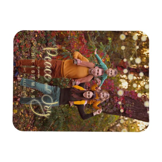 Foto met kerstlampjes Peace Joy Whimsical-script Magneet (Horizontaal)