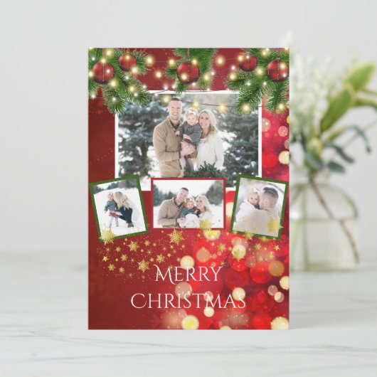 Foto met kerstmis Kaart String Lights Gold Stars (Staand voorkant)